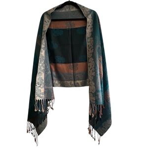 Ruyisa Jewel Toned Peacock Blue Copper Pewter Light Taupe Black Shawl Wrap Scarf